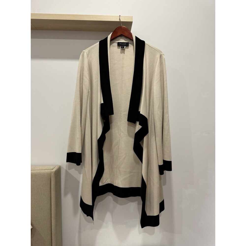 St. John Womens Size M Open Front Cardigan Coat Wool Draped Striped Long Jacket